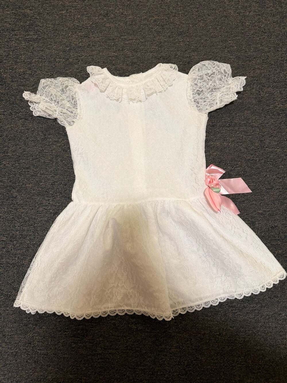 Vintage Michelle Lynn White Floral Lace Girls Dress with Pink Ribbon Size 6